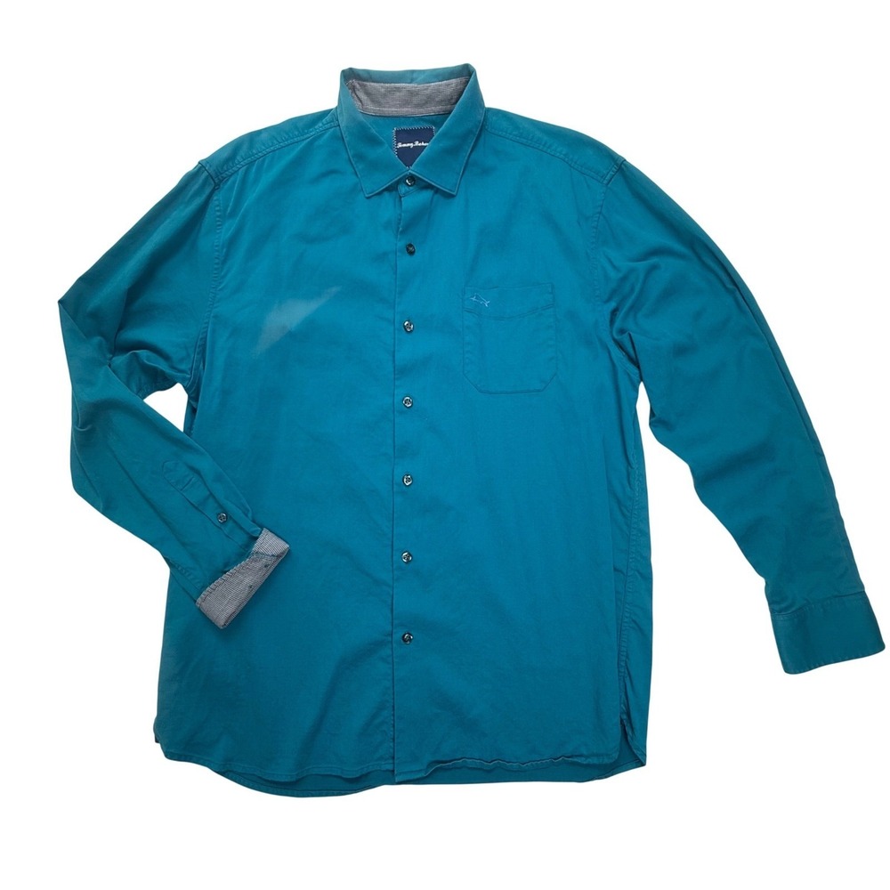 Tommy Bahama Mens Teal Blue Silk Blend‎ Long Sleeve Button Up Shirt Large Marlin